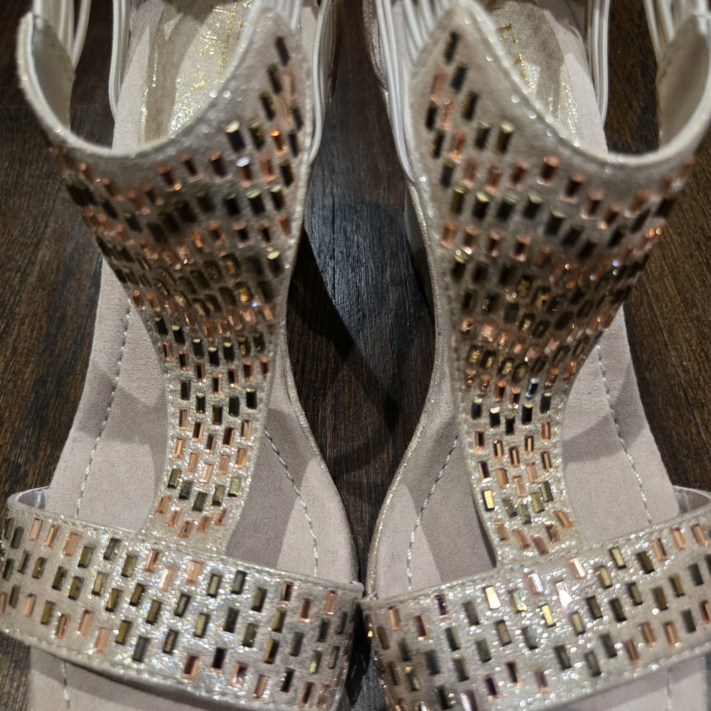 New York Transit Nude Heels with Elegant Beaded Design.  Size 7.5
